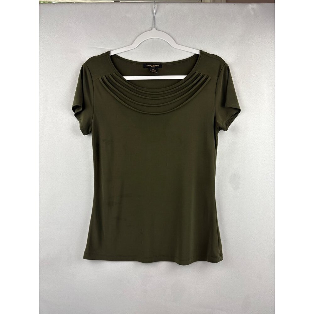 Susan Lawrence Petite Medium Olive Green Short Sleeve Top With Gathered Neckline